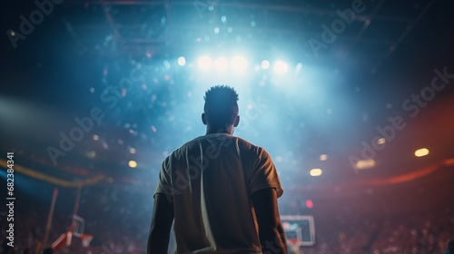 Back view - Basketball player in sports uniform with a ball on a floodlit professional basketball court. generative ai