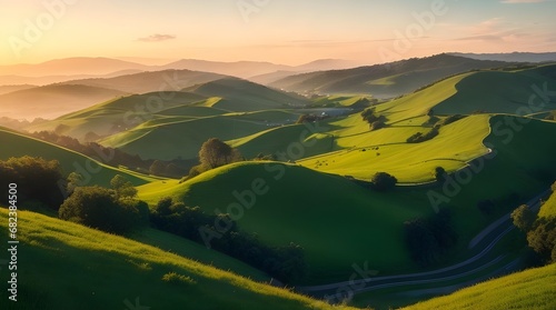 Serene Sunrise Over Verdant Lush Green Mountains, Nature's Splendor in Green Hues photo