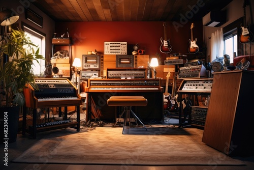 Musical instruments in a music room. Musical instruments in a music room, Vintage music recording studio with amps and synthesizer, AI Generated photo