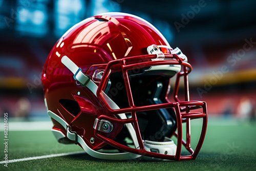 Red American Football Helmet on the Field.