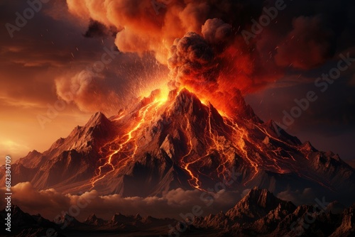 Volcanic eruption in the mountains at sunset. 3D rendering, Volcanic Mountain In Eruption - 3D rendering, AI Generated