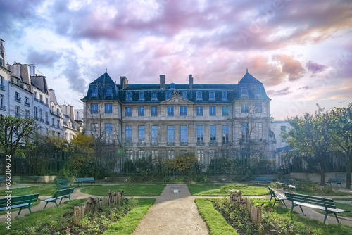 Paris, France, the Picasso museum in the Marais, beautiful mansion, view from the public garden 