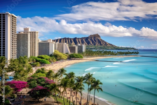 Panoramic view of Waikiki Beach, Honolulu, Oahu, Hawaii, Waikiki Beach and Diamond Head Crater including the hotels and buildings in Waikiki, Honolulu, Oahu island, Hawaii, AI Generated photo