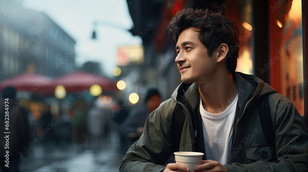 Young Asian man drinking coffee in the street. Concept of Asian Coffee Enthusiast, Urban Sip and Stroll, Street-Side Caffeine Moments, Young Man's Coffee Break, Enjoying Espresso Outdoors. Young Asian man drinking coffee in the street. Concept of Asian Coffee Enthusiast, Urban Sip and Stroll, Street-Side Caffeine Moments, Young Man's Coffee Break, Enjoying Espresso Outdoors.