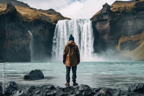 Traveler man looking at Seljalandsfoss waterfall in Iceland, Wanderlust explorer discovering icelandic natural wonders, AI Generated