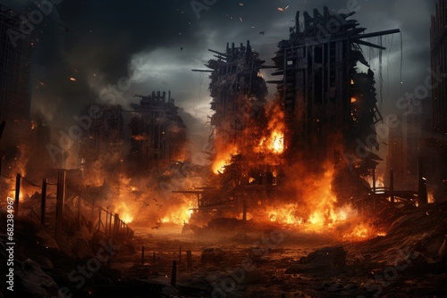 Ruins of buildings destroyed by a fire in the city at night, War city dangerous disaster. Illustrative apocalypse desctructive building, AI Generated
