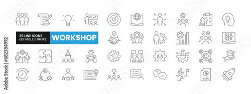 Set of 36 Business Workshop line icons set. Workshop outline icons with editable stroke collection. Includes Presentation, Managing, Innovation, Goal, Meeting, and More.