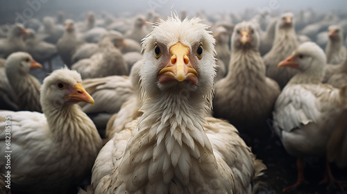 Close up of chickens on factory farm. Concept of Close up of chicken on factory farm. Concept of Factory Farming Close-Up  Poultry in Production  Industrial Chicken Farm  Intimate Look at Farming.