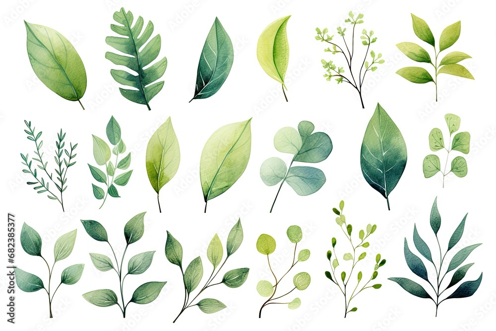 Eucalyptus leaves and branches watercolor vector set, Watercolor floral illustration set - green leaf branches collection, AI Generated - obrazy, fototapety, plakaty 
