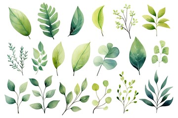 Eucalyptus leaves and branches watercolor vector set, Watercolor floral illustration set - green leaf branches collection, AI Generated