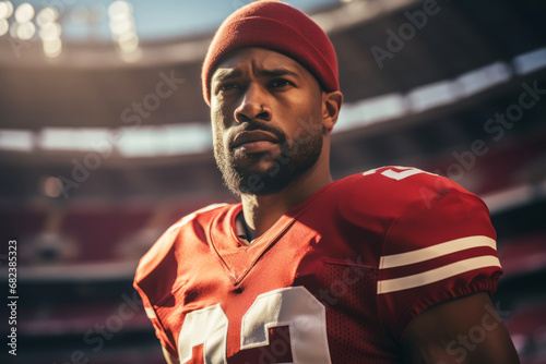 American football player of African descent in a red uniform and red hat looks at the camera on the field