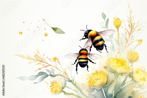 watercolor painting of bees, flowers and leaves, on white background, Watercolor Bumblebees Hand Painted Summer Illustration, AI Generated