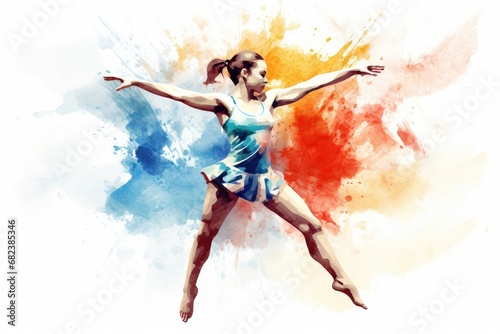 Beautiful young woman dancing ballet in watercolor splashes background, watercolor design of a female olympic gymnast, AI Generated