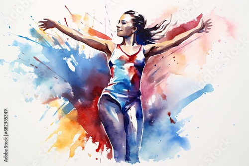 Watercolor illustration of a young woman in sportswear jumping, watercolor design of a female olympic gymnast, AI Generated