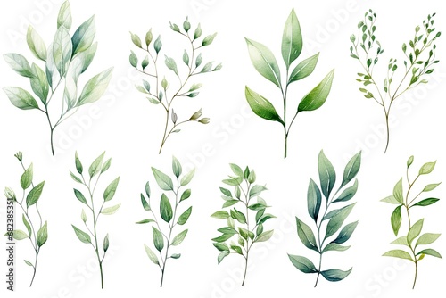 Watercolor set of eucalyptus branches and leaves, Watercolor floral illustration set - green leaf branches collection, AI Generated
