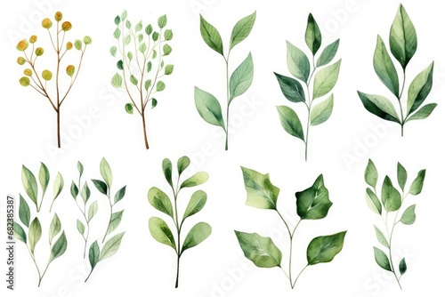 Set of watercolor green leaves on white background. Vector illustration, Watercolor floral illustration set - green leaf branches collection, AI Generated