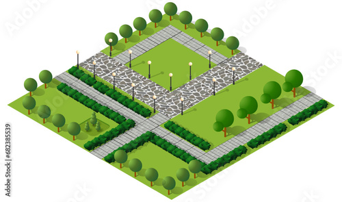 Nature forest landscape of isometric illustration with green tree, grass,