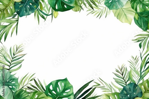 Watercolor tropical leaves frame on white background. Hand painted illustration, Watercolor hand painted frame with tropical green leaves and branches, AI Generated photo