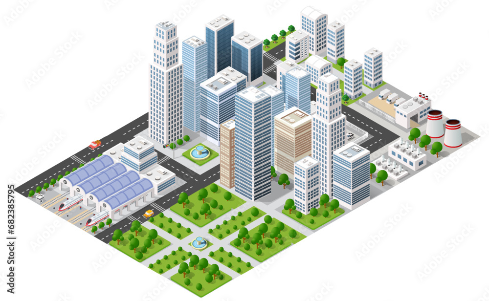 Isometric urban megalopolis top view of the city infrastructure town,