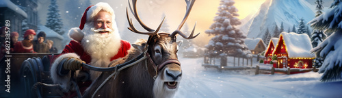 People wondering while a happy old smiling Santa Claus riding his sleigh pulled by a reindeer in a small snowy town in the mountains. Extra wide banner image created with Generative AI technology photo