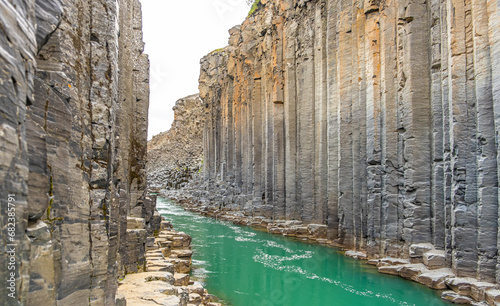 Jokla River cuts through the Studlagil canyon and passes by the hexagonal basalt columns caused by lava flows in Northeast Iceland, Jokuldalur Valley, Europe photo
