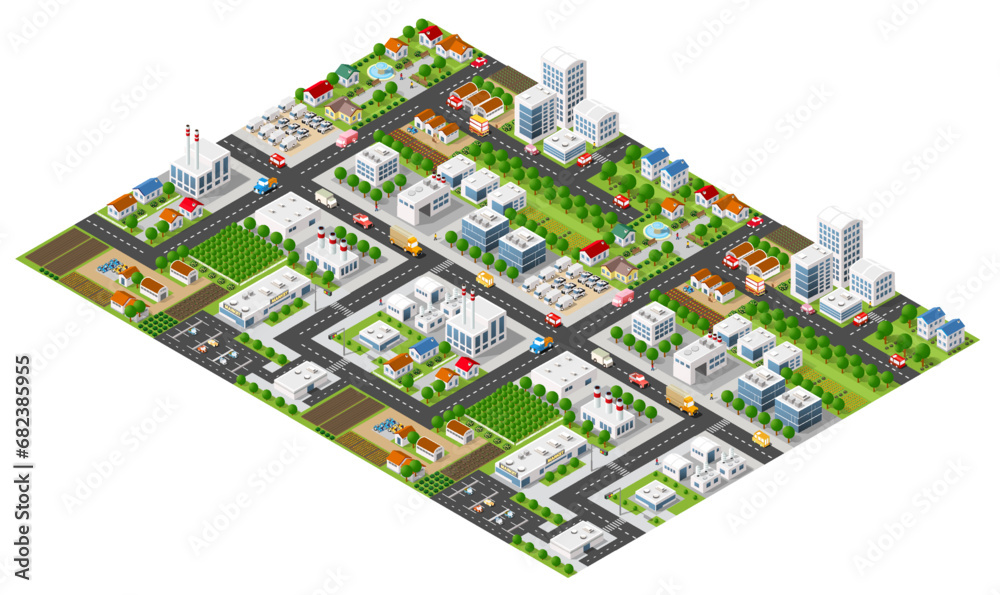 Isometric urban megalopolis top view of the city infrastructure town, - obrazy, fototapety, plakaty 