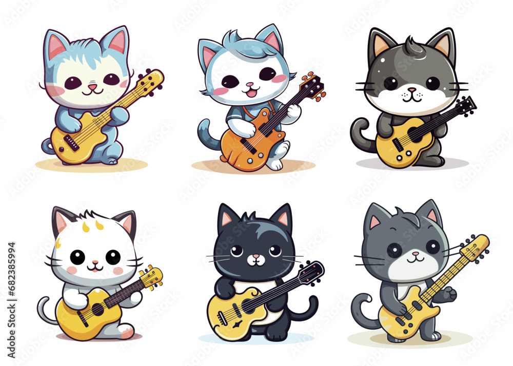 Cute cat with guitar cartoon vector illustration