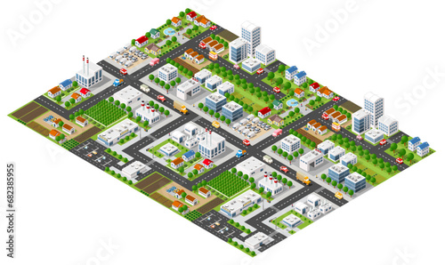 Isometric urban megalopolis top view of the city infrastructure town,