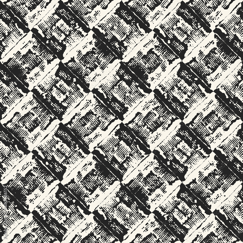 Monochrome Grunge Textured Checked Pattern