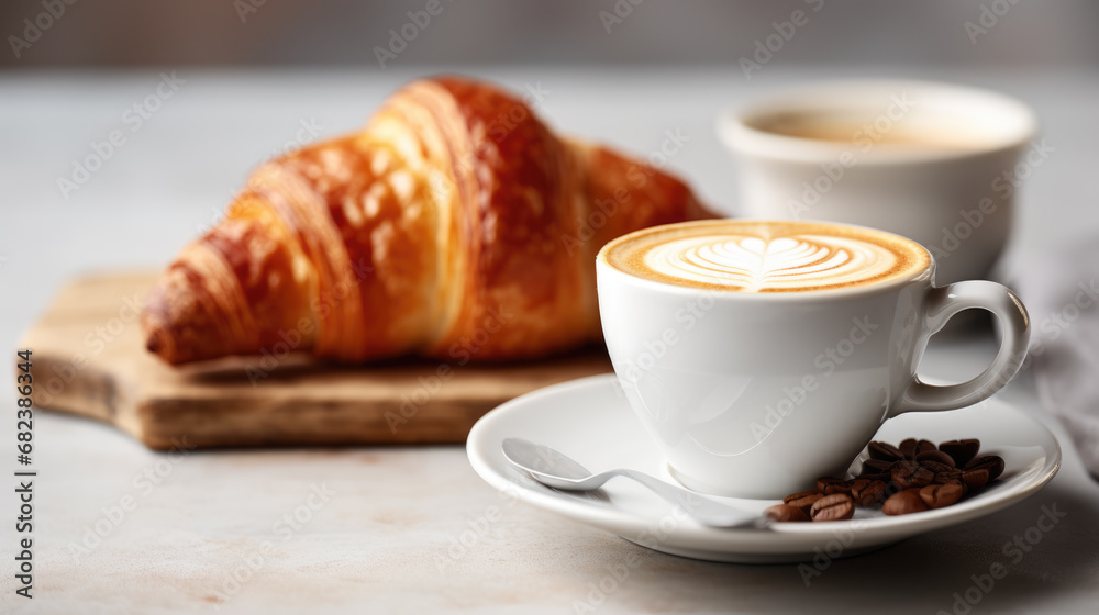 Cup of coffee accompanied by a fresh croissant and scattered coffee beans on a wooden table Cup of coffee accompanied by a fresh croissant and scattered coffee beans on a wooden table