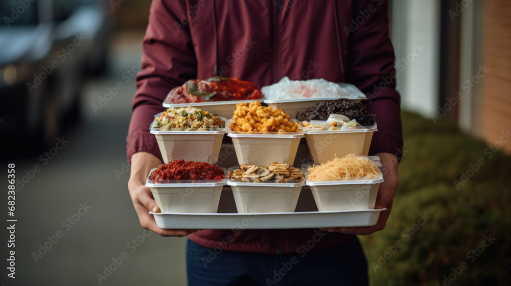 A person holding a tray with various takeaway food containers filled with an assortment of food