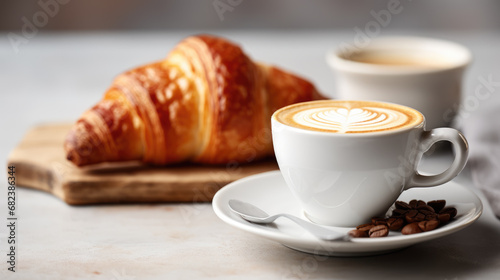 Cup of coffee accompanied by a fresh croissant and scattered coffee beans on a wooden table