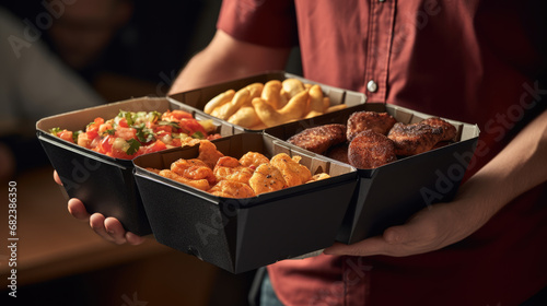 A person holding a tray with various takeaway food containers filled with an assortment of food photo