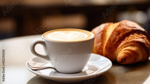 Cup of coffee accompanied by a fresh croissant and scattered coffee beans on a wooden table