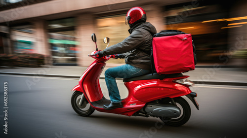 Delivery person in a red uniform and helmet, riding a red scooter and carrying an insulated delivery backpack, captured in motion on a city street. © MP Studio