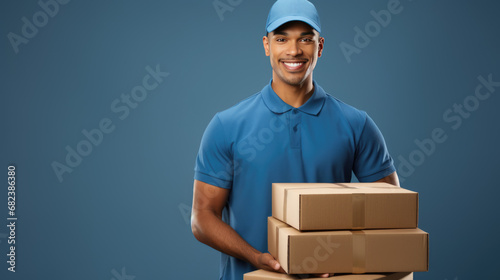 Smiling delivery man in a blue uniform and cap is standing confidently next to a stack of packaged boxes, ready for delivery.