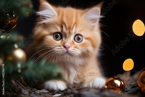 Red kitten with a Christmas tree. New Year card, calendar with pet