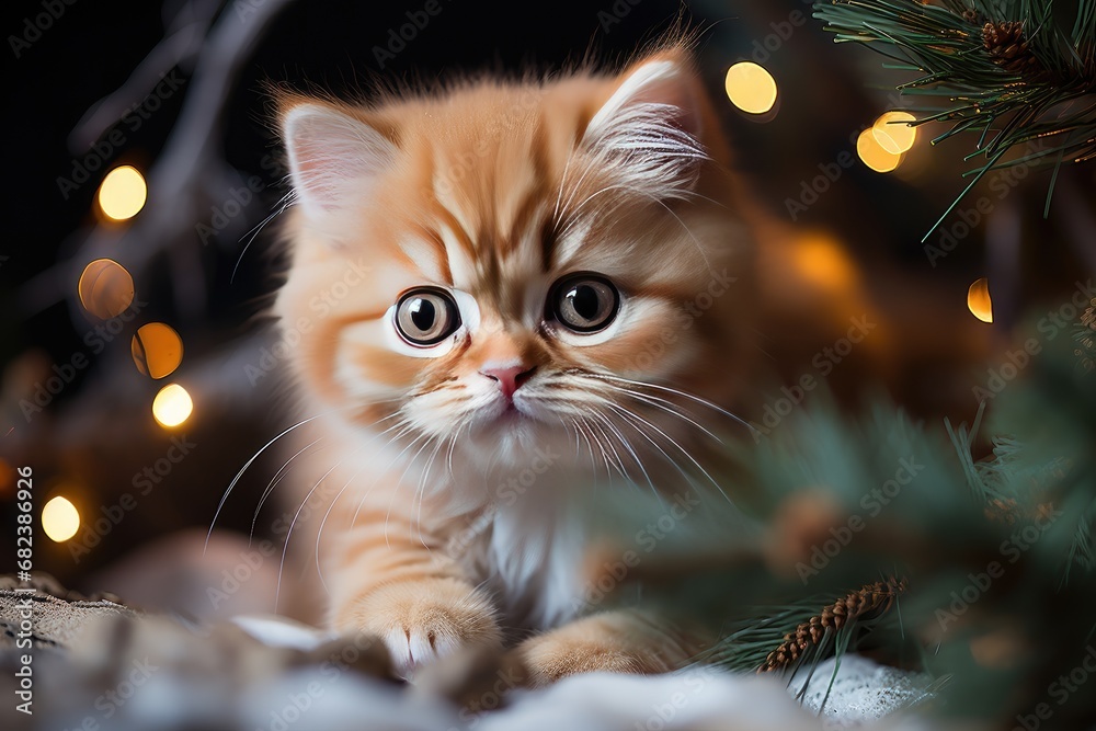 Red kitten with a Christmas tree. New Year card, calendar with pet