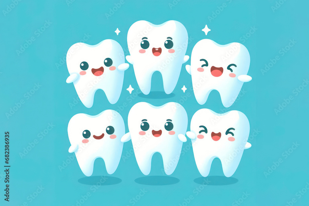 bright picture of white cute funny smiling tooth characters with faces isolated on blue color background. ai generative bright picture of white cute funny smiling tooth characters with faces isolated on blue color background. ai generative