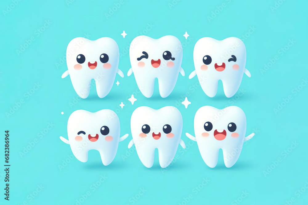 Obraz premium bright picture of white cute funny smiling tooth characters with faces isolated on blue color background. ai generative