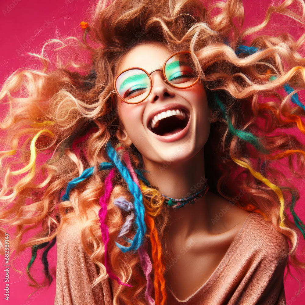 Fototapeta premium portrait of a curly haired girl with tousled locks, donning multicolored strands and glasses. ai generative