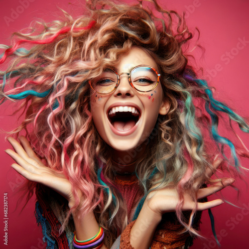 portrait of a curly haired girl with tousled locks, donning multicolored strands and glasses. ai generative