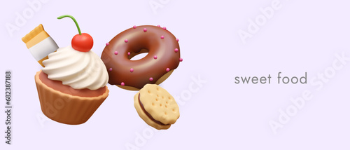 Realistic placard with muffin with white cream, donut with chocolate cream and round cookie. Vector illustration in realistic 3D style with purple background