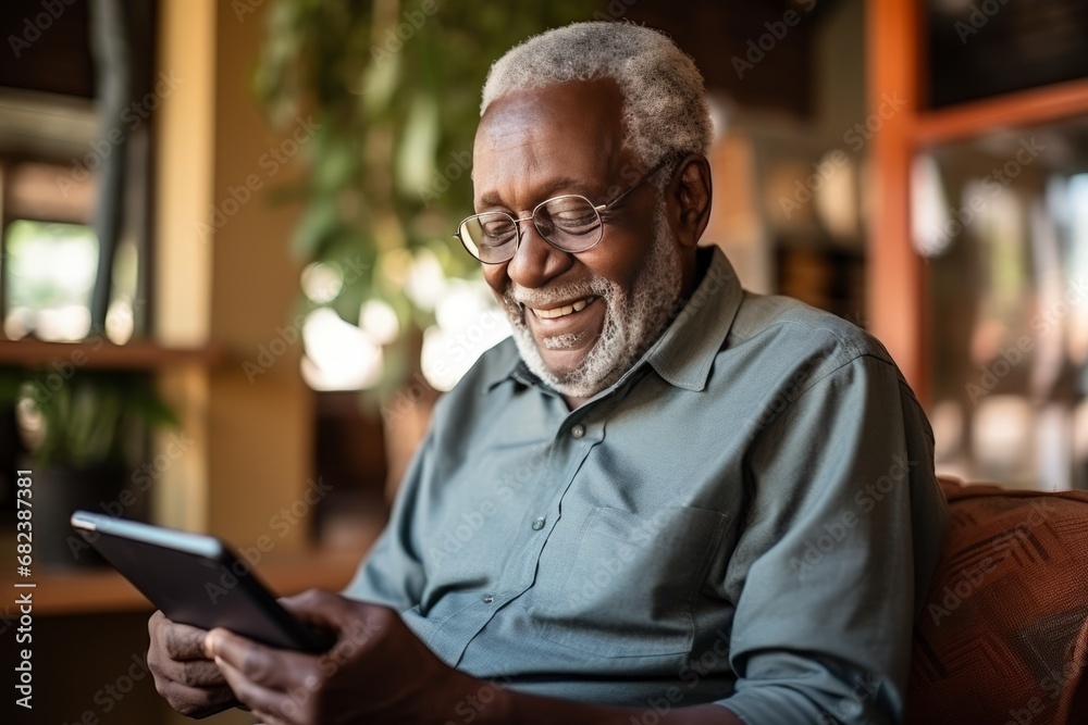 Old man of African descent with white hair and beard in light gray shirt and glasses uses a tablet at home and smiles