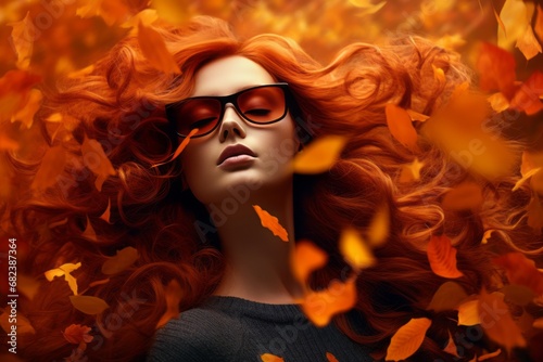 A Woman with Fiery Red Hair and Stylish Sunglasses, Embraced by Nature's Abundant Greenery © Marius