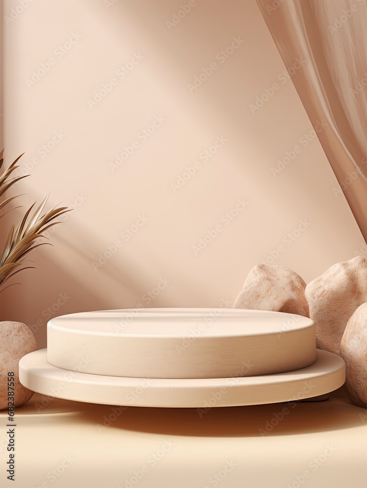 Minimal scene mockup with stone product podium with copy space for social media . Pastel cream and beige colors 3d rendering scene, copy space, generative ai