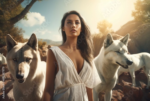 Beauty woman walking white wolves. Girl face fantasy beauty animals. Generate Ai
