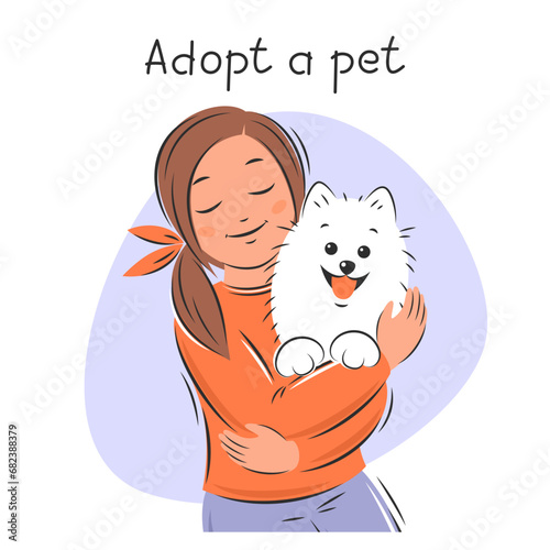 Pet adoption. Girl petting dog. Domestic animals and owners. Friendship with animals. Vector illustration
