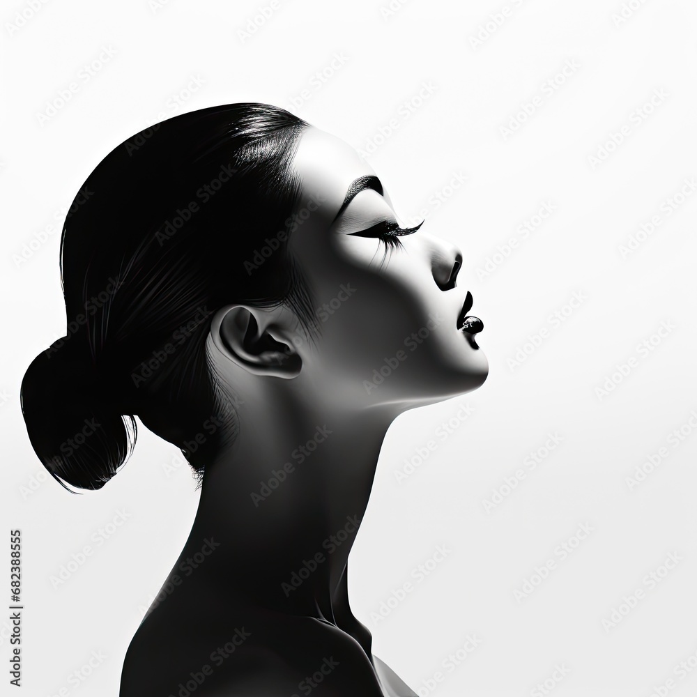 minimalistic side profil of a beautiful graceful asian woman in black and white on white background minimalistic side profil of a beautiful graceful asian woman in black and white on white background