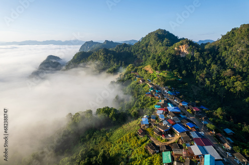 Aerial  view of the Jabo village in the morning with the sea of mist at Jabo village, Mae Hong son, Thailand.